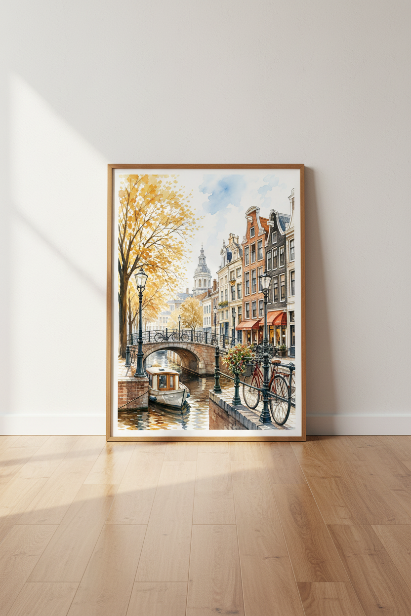Amsterdam Canal Watercolor Print | Fall European Cityscape Art | Warm Travel Poster