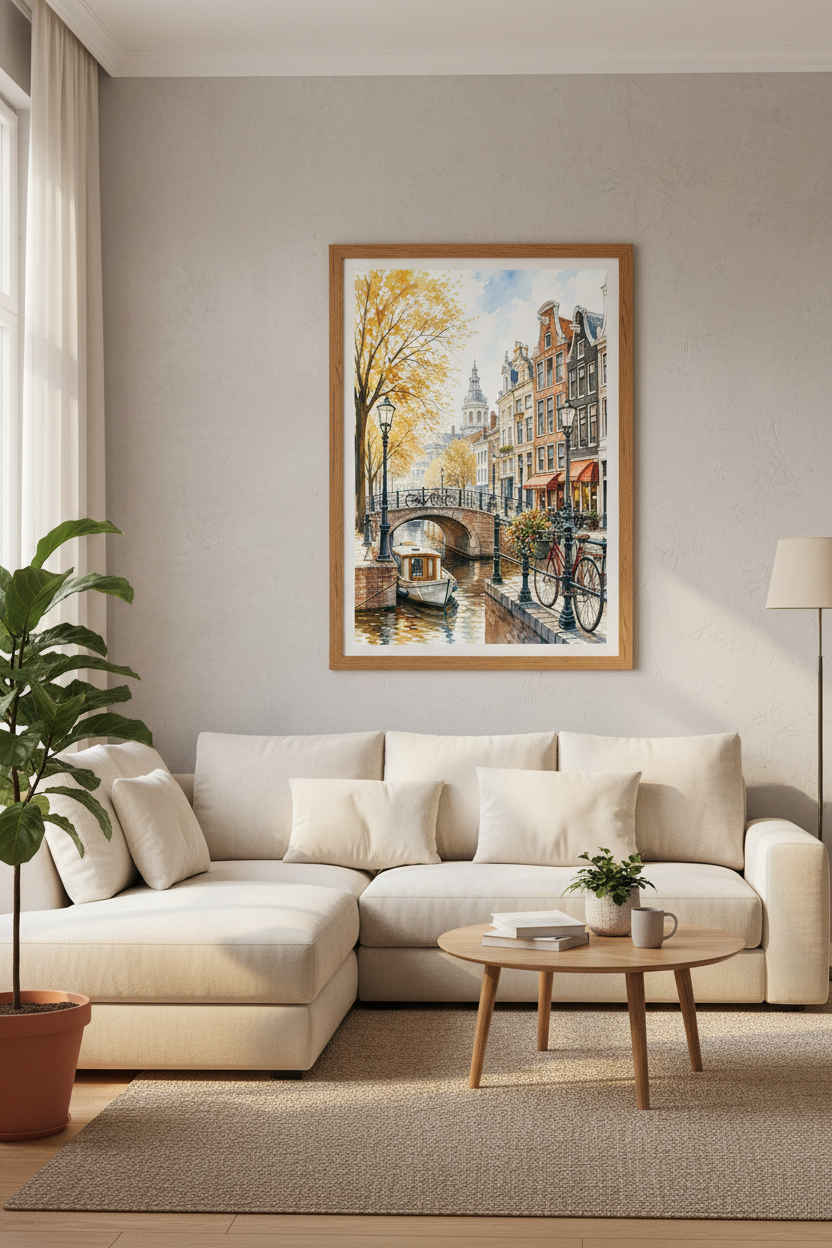 Amsterdam Canal Watercolor Print | Fall European Cityscape Art | Warm Travel Poster