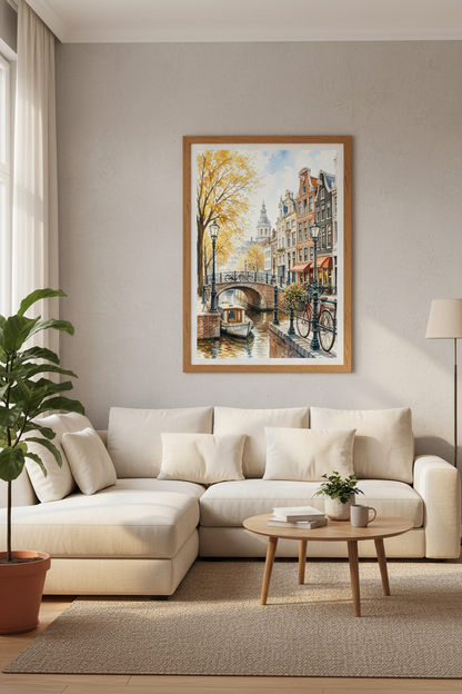 Amsterdam Canal Watercolor Print | Fall European Cityscape Art | Warm Travel Poster