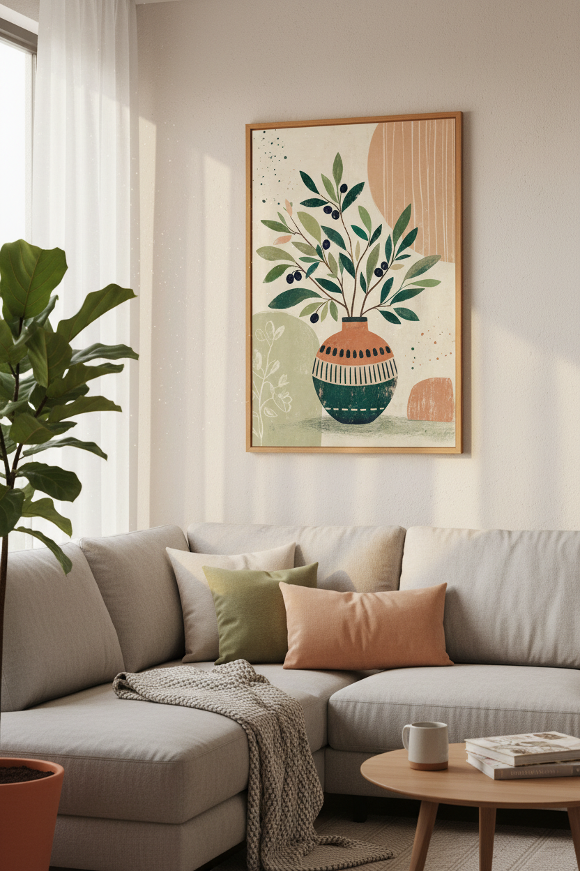 Olive Branch Botanical Art | Boho Terracotta &amp; Sage Green Print, Mediterranean Decor