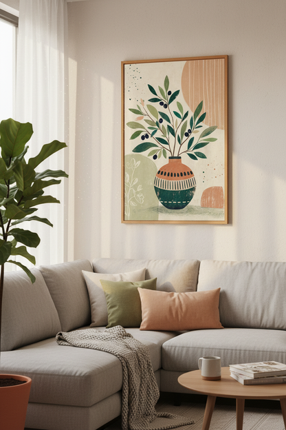 Olive Branch Botanical Art | Boho Terracotta &amp; Sage Green Print, Mediterranean Decor