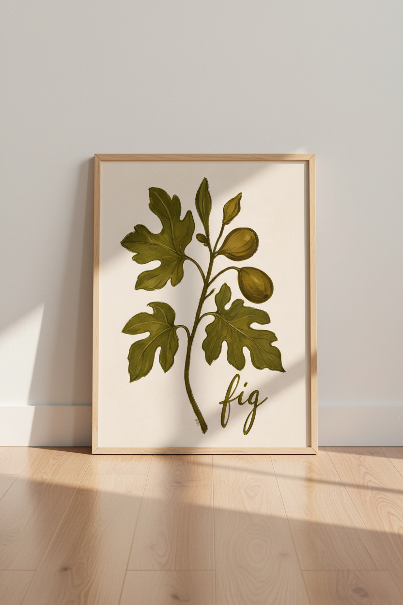 fig leaf wall art | Minimalist olive tones, living room decor