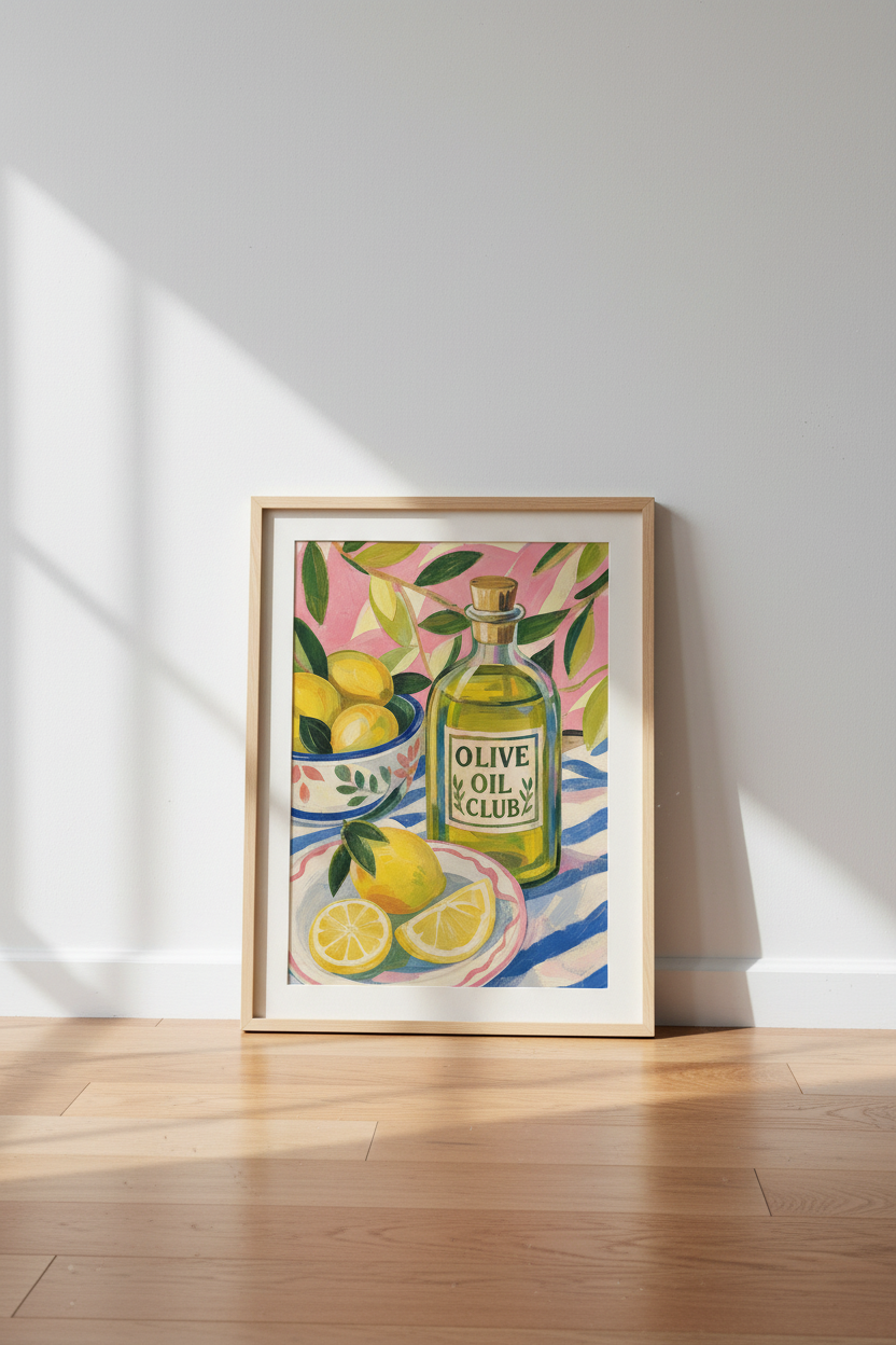 Mediterranean Kitchen Decor | Olive Oil &amp; Lemon Wall Art Print | Eclectic Foodie Poster