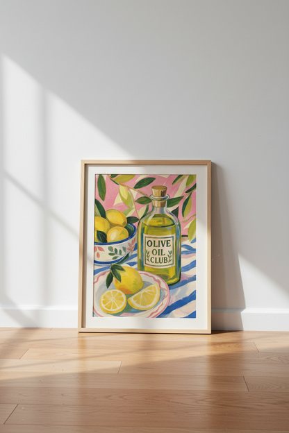 Mediterranean Kitchen Decor | Olive Oil &amp; Lemon Wall Art Print | Eclectic Foodie Poster