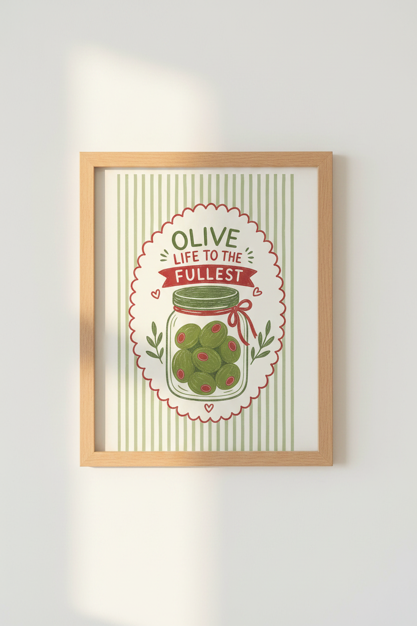 Olive Life to the Fullest Art Print | Kitchen Wall Decor | Retro Food Pun Poster