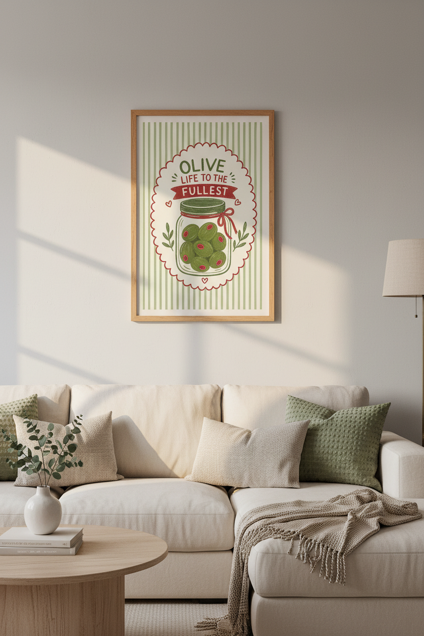 Olive Life to the Fullest Art Print | Kitchen Wall Decor | Retro Food Pun Poster