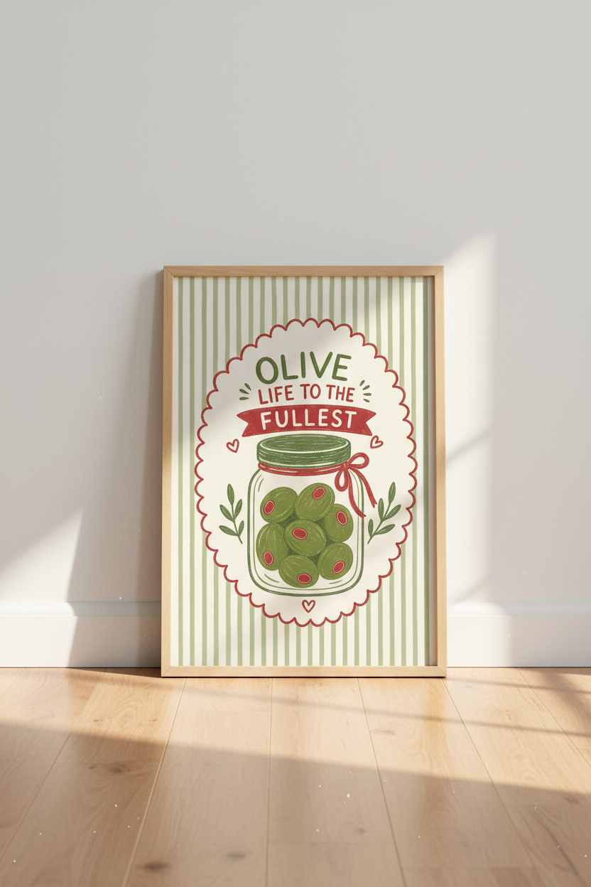 Olive Life to the Fullest Art Print | Kitchen Wall Decor | Retro Food Pun Poster