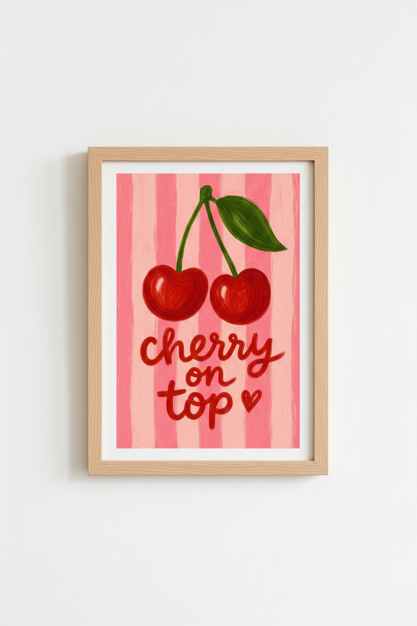 Coquette Cherry Wall Art Print | Preppy Pink Poster | Trendy Girly Decor