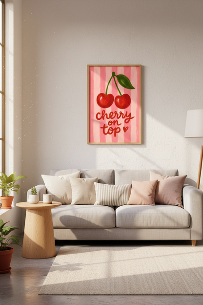 Coquette Cherry Wall Art Print | Preppy Pink Poster | Trendy Girly Decor