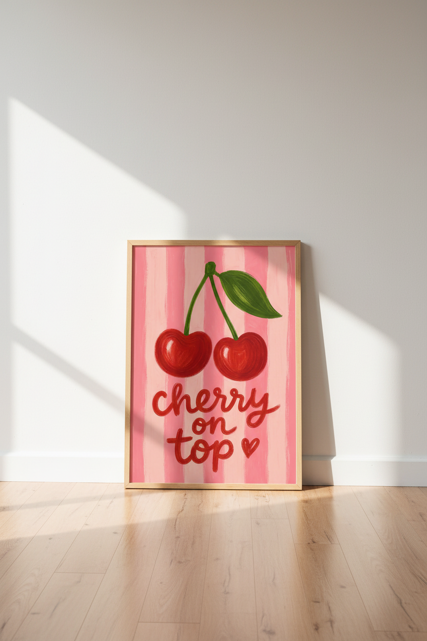 Coquette Cherry Wall Art Print | Preppy Pink Poster | Trendy Girly Decor