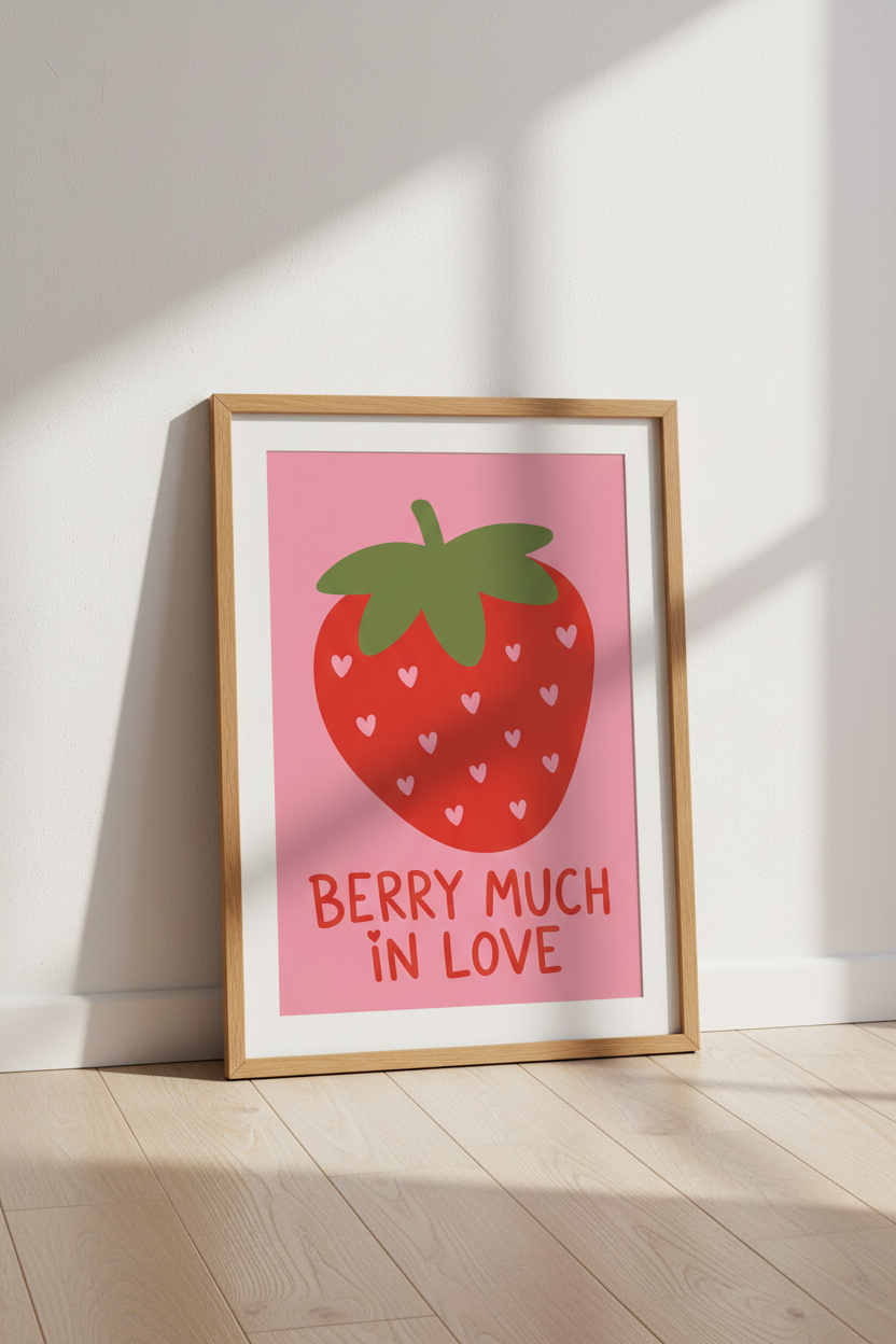 Berry Much In Love Strawberry Wall Art | Pink Kitchen Decor | Cute Aesthetic Poster