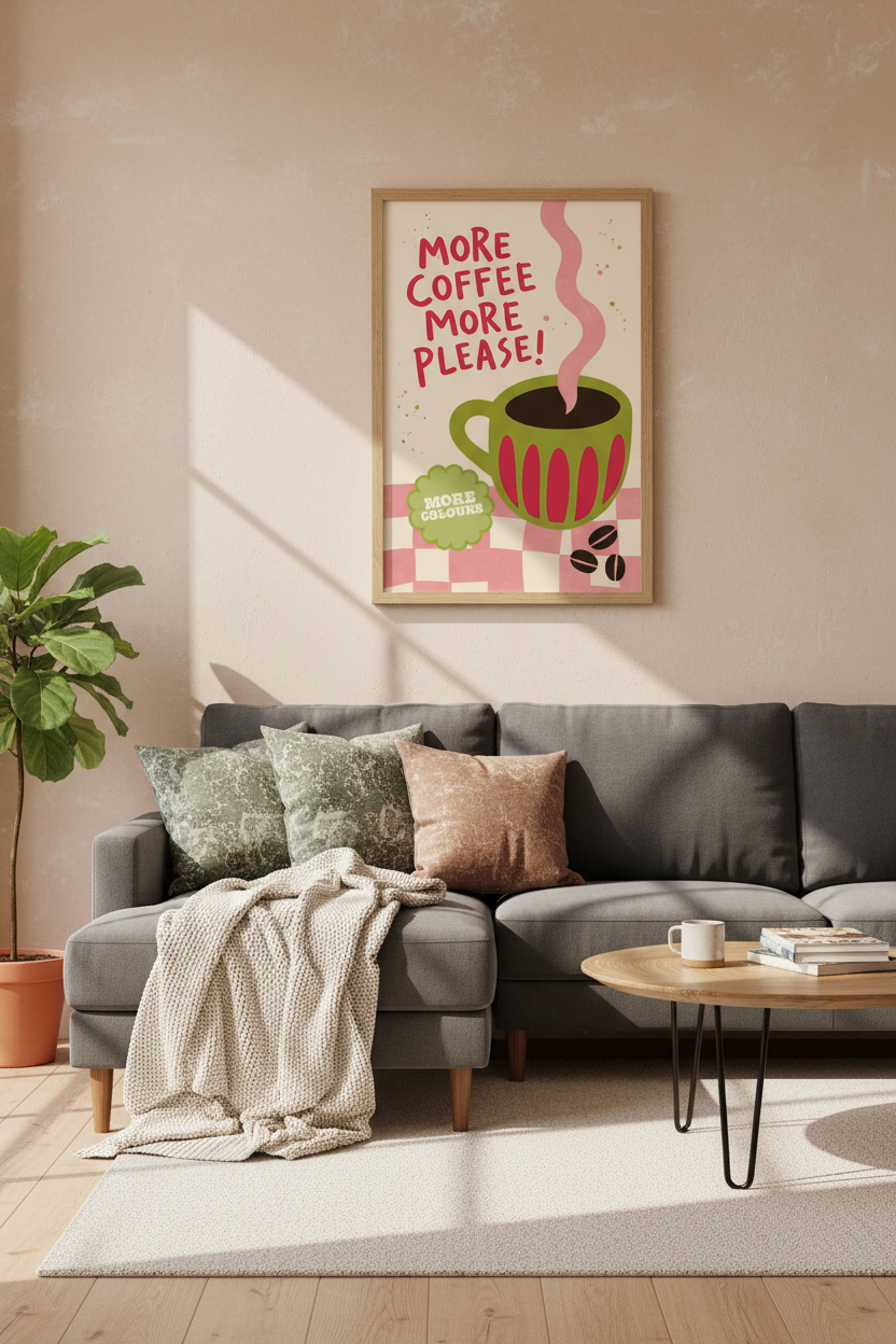More Coffee More Please Art | Red &amp; Green Retro Kitchen Poster, Coffee Station Decor