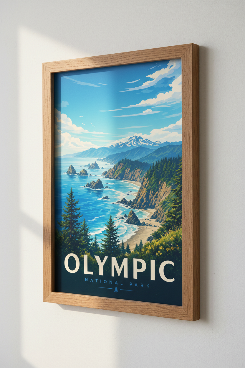 Olympic National Park Print | Vintage Travel Poster, Living Room Coast Decor