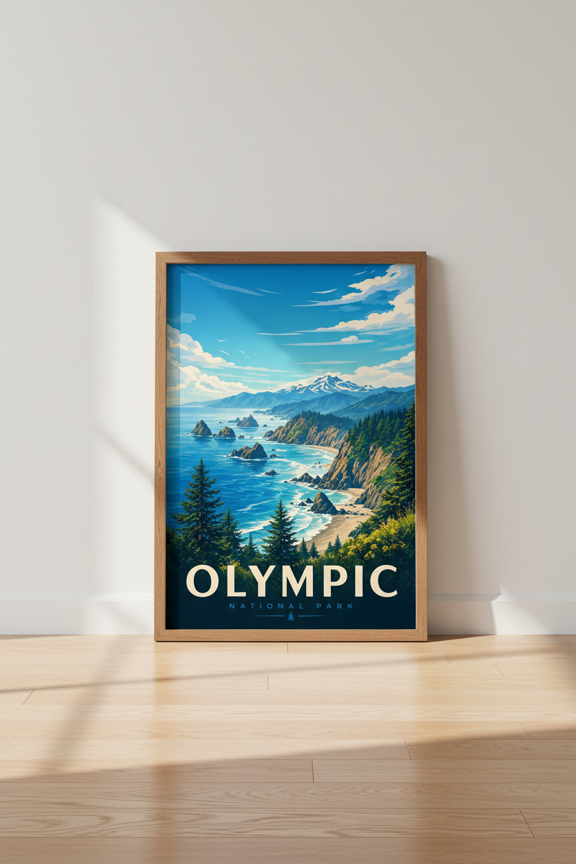 Olympic National Park Print | Vintage Travel Poster, Living Room Coast Decor