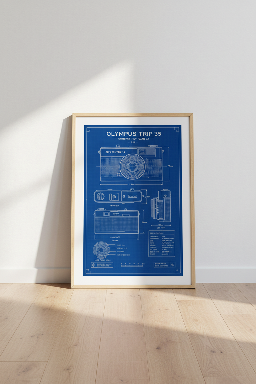 Olympus Trip 35 Blueprint Wall Art | Vintage Film Camera Poster | Photographer Gift