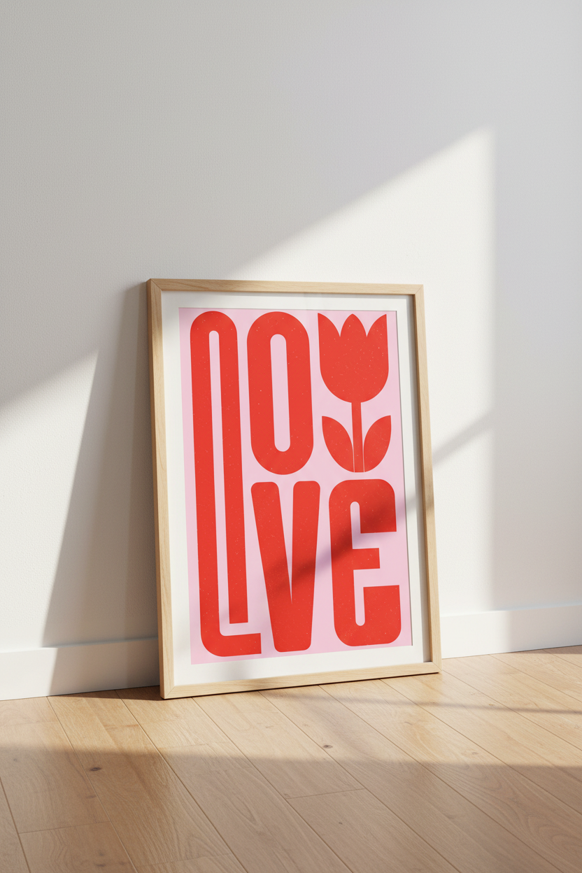 Retro Love Tulip Wall Art | Red Pink Typography Decor | Modern Flower Aesthetic Poster