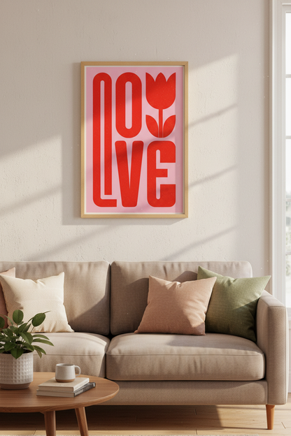 Retro Love Tulip Wall Art | Red Pink Typography Decor | Modern Flower Aesthetic Poster