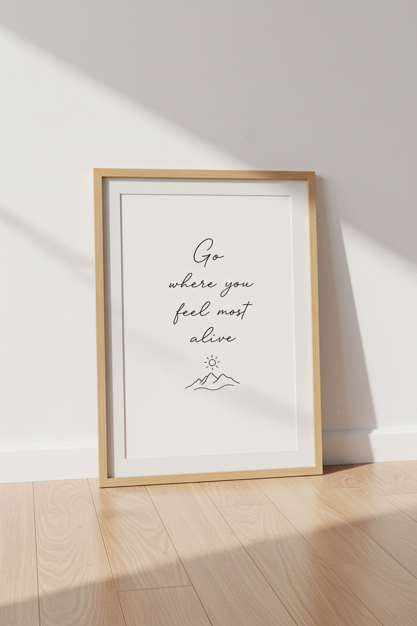 Go Where You Feel Most Alive Art | Minimalist Mountain Quote, Living Room Decor