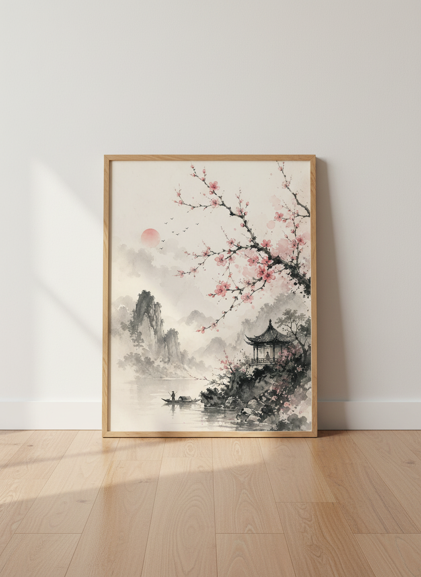 Asian Landscape Wall Art Print | Japanese Korean Zen Decor | Cherry Blossom Sumi-e Poster | Mountain Lake Housewarming Gift