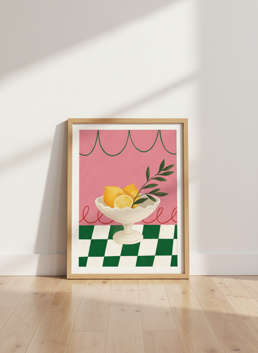 Retro Lemon Wall Art Print | Kitchen Decor | Whimsical Fruit Poster | Pink &amp; Green Eclectic Decor | Digital &amp; Physical Options