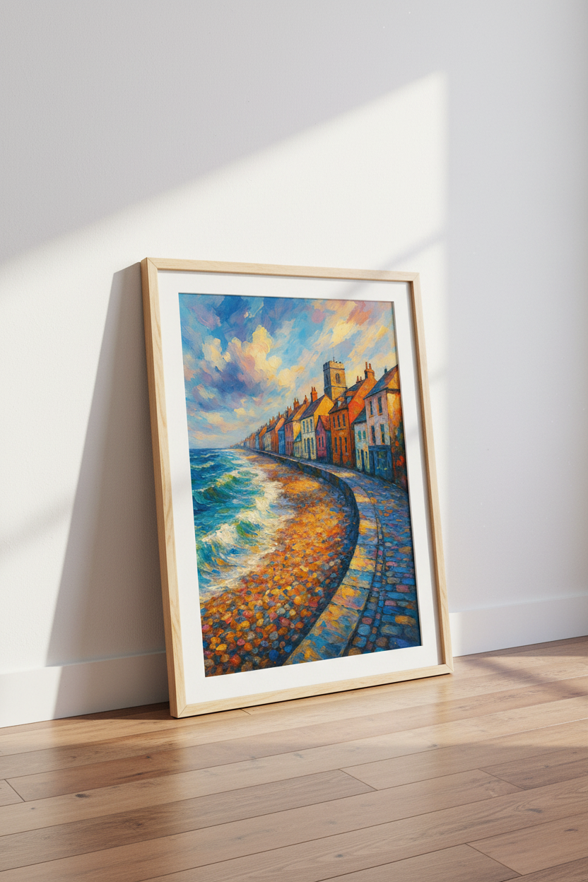 Impressionist Coastal Village Wall Art Print | Vibrant Seaside Home Decor | Bright &amp; Colorful Poster | Textured Oil Painting