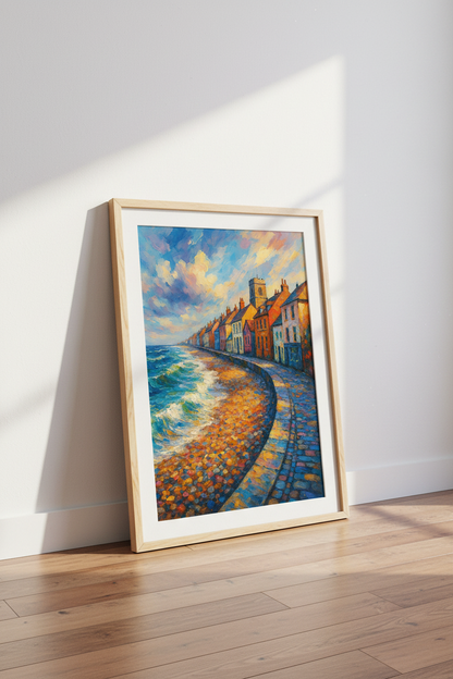 Impressionist Coastal Village Wall Art Print | Vibrant Seaside Home Decor | Bright &amp; Colorful Poster | Textured Oil Painting