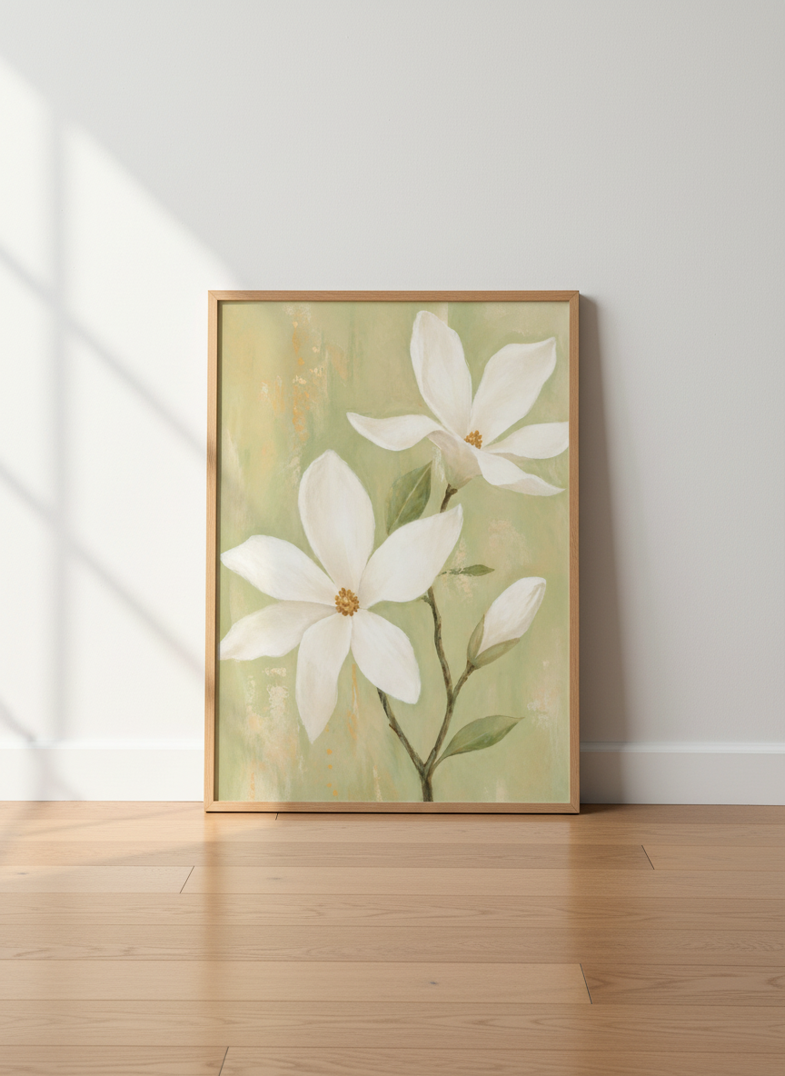Magnolia Flower Wall Art | Sage Green Floral Print, Botanical Bedroom Decor