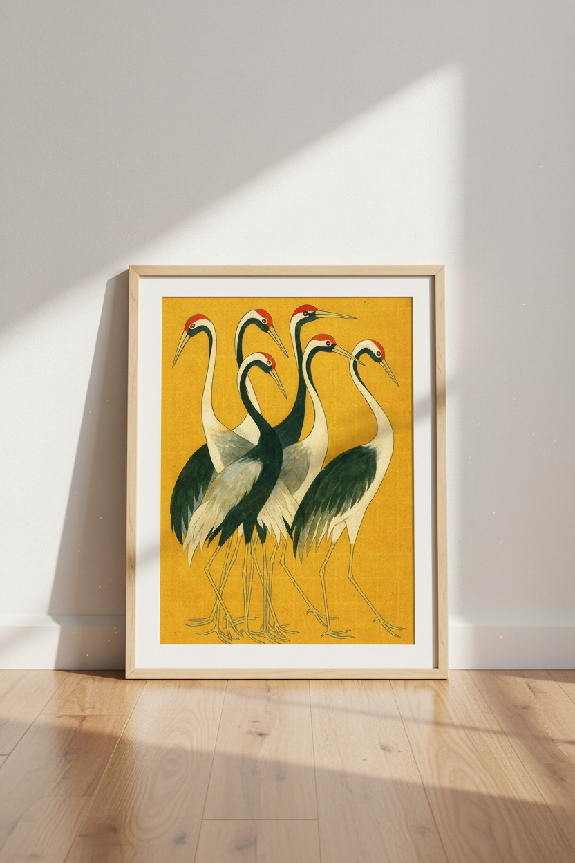 Japanese Cranes Wall Art Print | Mid-Century Modern Living Room Decor | Zen Aesthetic Framed Poster