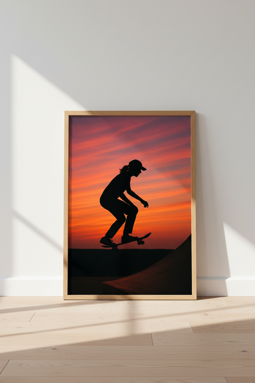 Minimalist Skater Wall Art Print | Teen Room Decor | Aesthetic Sunset Framed Poster | Ready to Hang Action Art