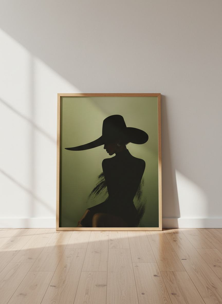 Woman Silhouette Hat Art | Elegant Fashion Décor, Dark Green Wall Art, Moody Poster Print