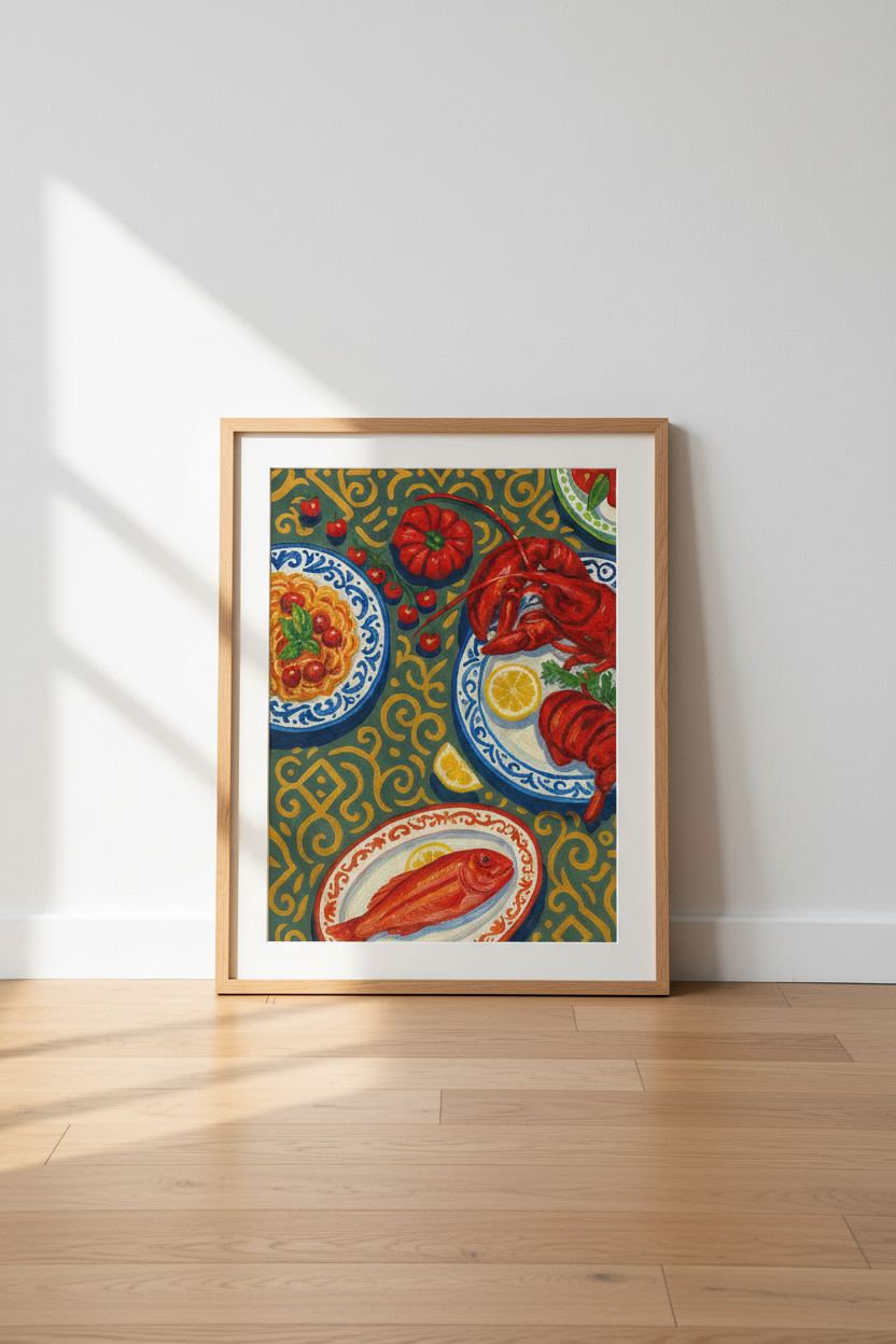 Impressionist Seafood Dinner Wall Art Print | Kitchen Dining Room Decor | Italian Mediterranean Coastal Poster
