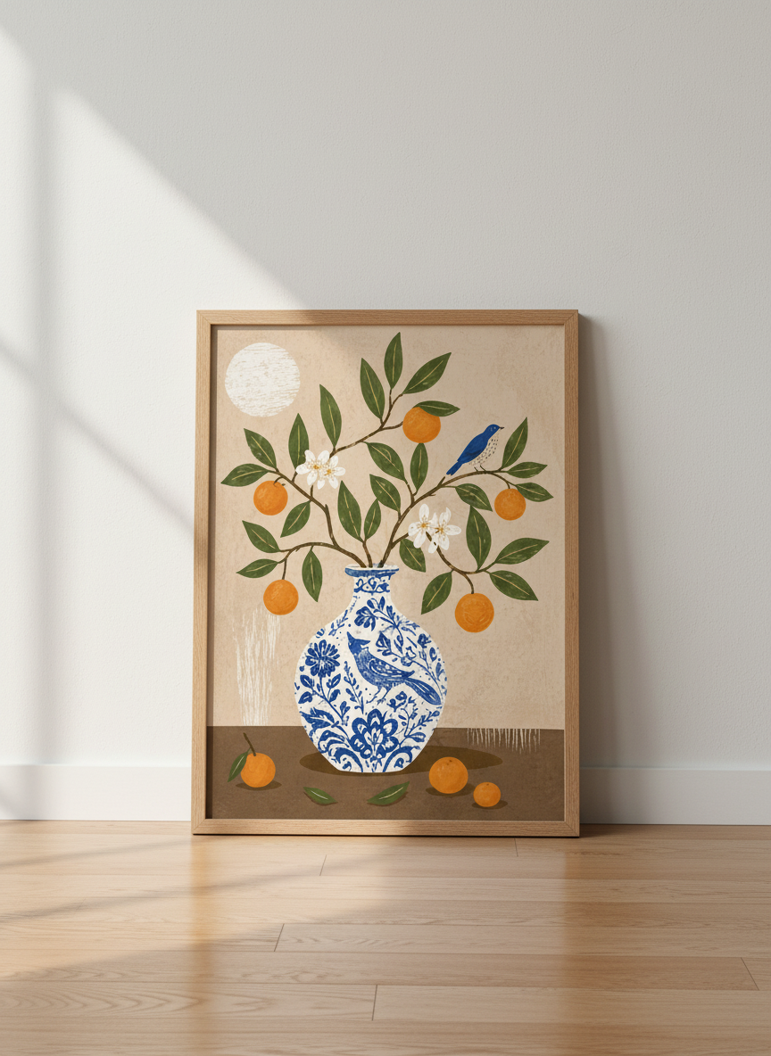 Orange Tree &amp; Bird Vase Art | Botanical Cottagecore Kitchen Decor | Neutral Poster Print