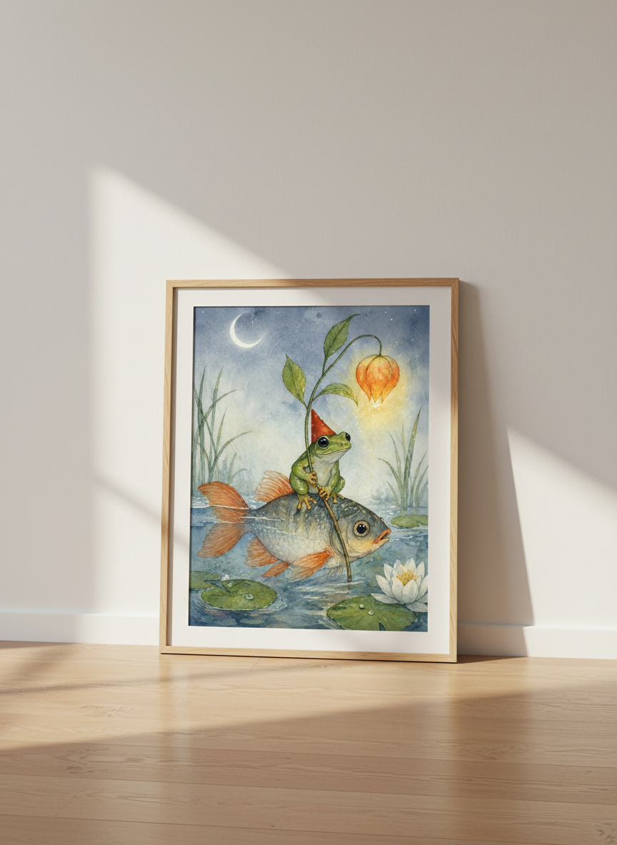 Frog on Fish Art Print | Whimsical Nursery Decor | Cottagecore Pond Poster