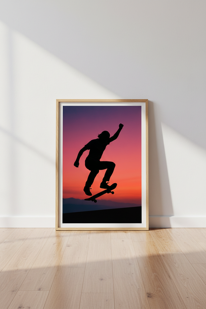 Aesthetic Skater Silhouette Wall Art Print | Teen Room Decor | Vibrant Sunset Framed Poster | Skateboarder Decor