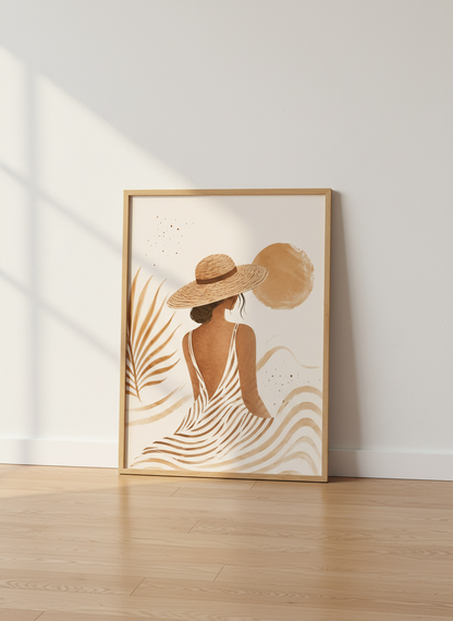 Boho Beach Woman Art | Minimalist Neutral Wall Decor | Coastal Aesthetic Poster Print