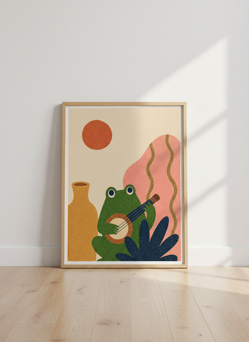 Frog Banjo Player Art | Cute Boho Animal Print, Kids Room Decor, Playroom Poster