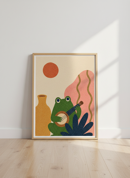 Frog Banjo Player Art | Cute Boho Animal Print, Kids Room Decor, Playroom Poster