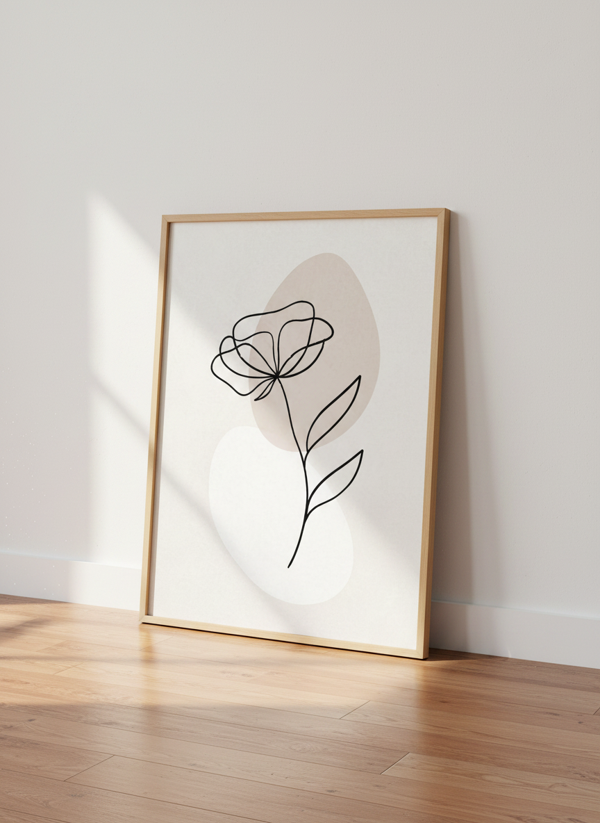 Minimalist Floral Line Art Wall Art Print | Boho Bedroom Decor | Abstract Flower Poster | Botanical Beige Wall Hanging