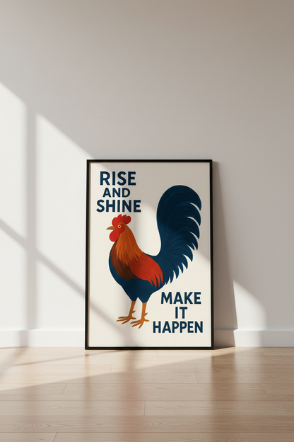 Inspiring Folk Art Rooster Print | Farmhouse Kitchen Wall Decor | Empowering Rise &amp; Shine Poster Art | Digital Download Option