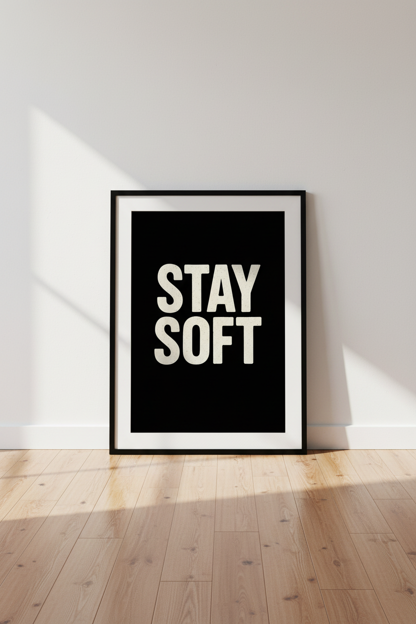 Minimalist Stay Soft Wall Art Print | Modern Aesthetic Quote Poster | Black &amp; Cream Typography Home Decor | Motivational Wall Hanging
