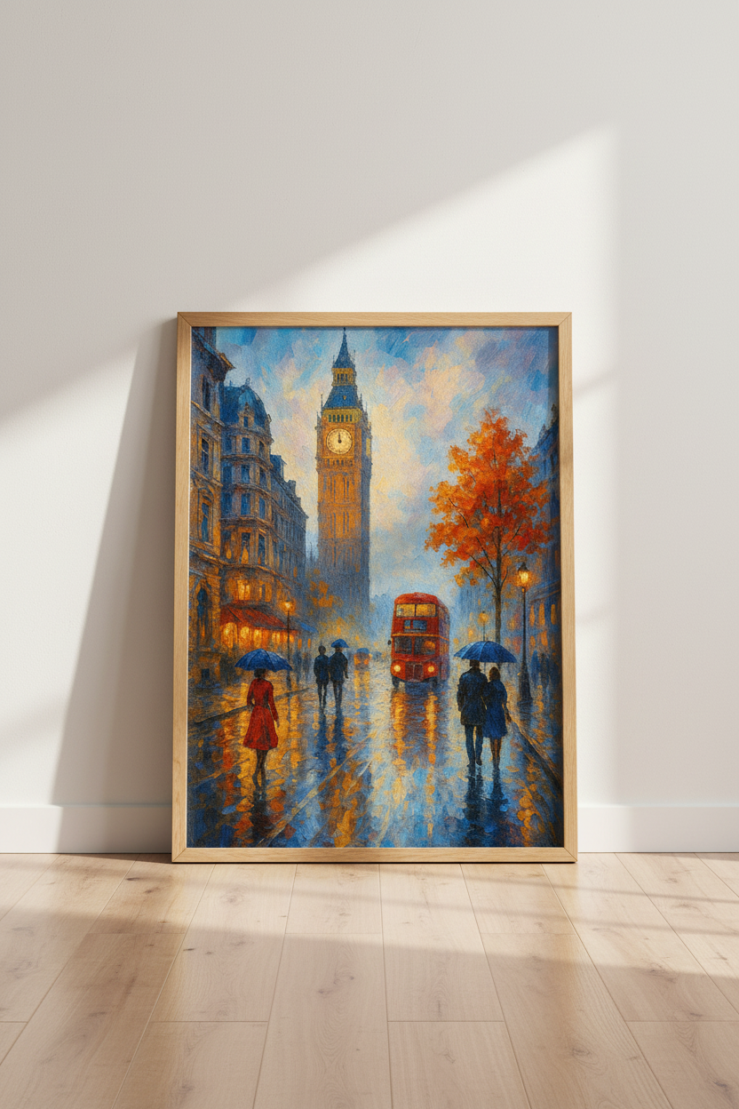 Impressionist London Wall Art Print | Big Ben Westminster Living Room Decor | Rainy Cityscape Poster | Red Bus Painting