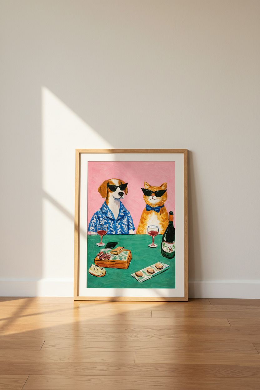 Eclectic Pop Art Dog &amp; Cat Wall Art Print | Kitchen Decor | Whimsical Animal Poster | Unframed, Framed, Digital Download