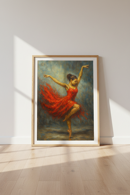 Textured Ballet Dancer Wall Art Print | Vibrant Red Dress Dance Poster | Modern Expressionist Room Decor | Digital &amp; Framed Options