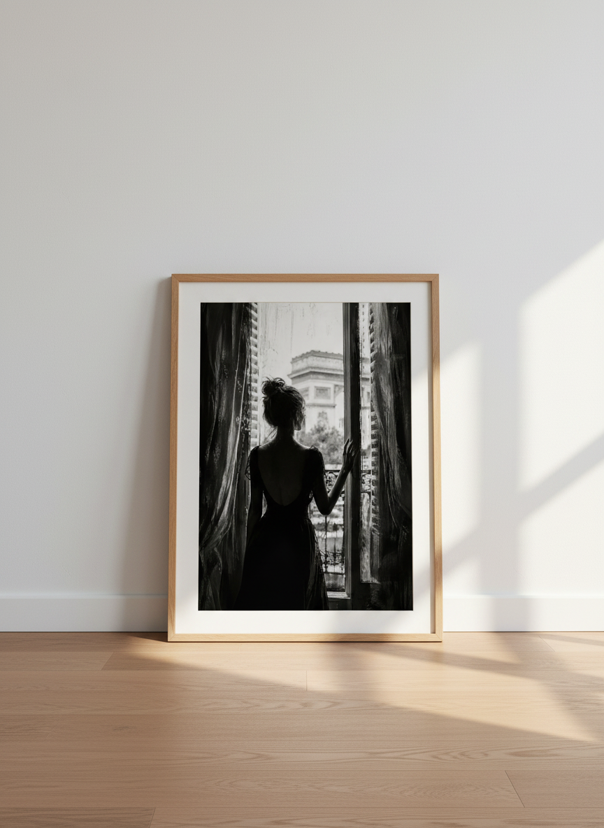 Woman in Paris Window Print | Black &amp; White Wall Art | Romantic France Decor