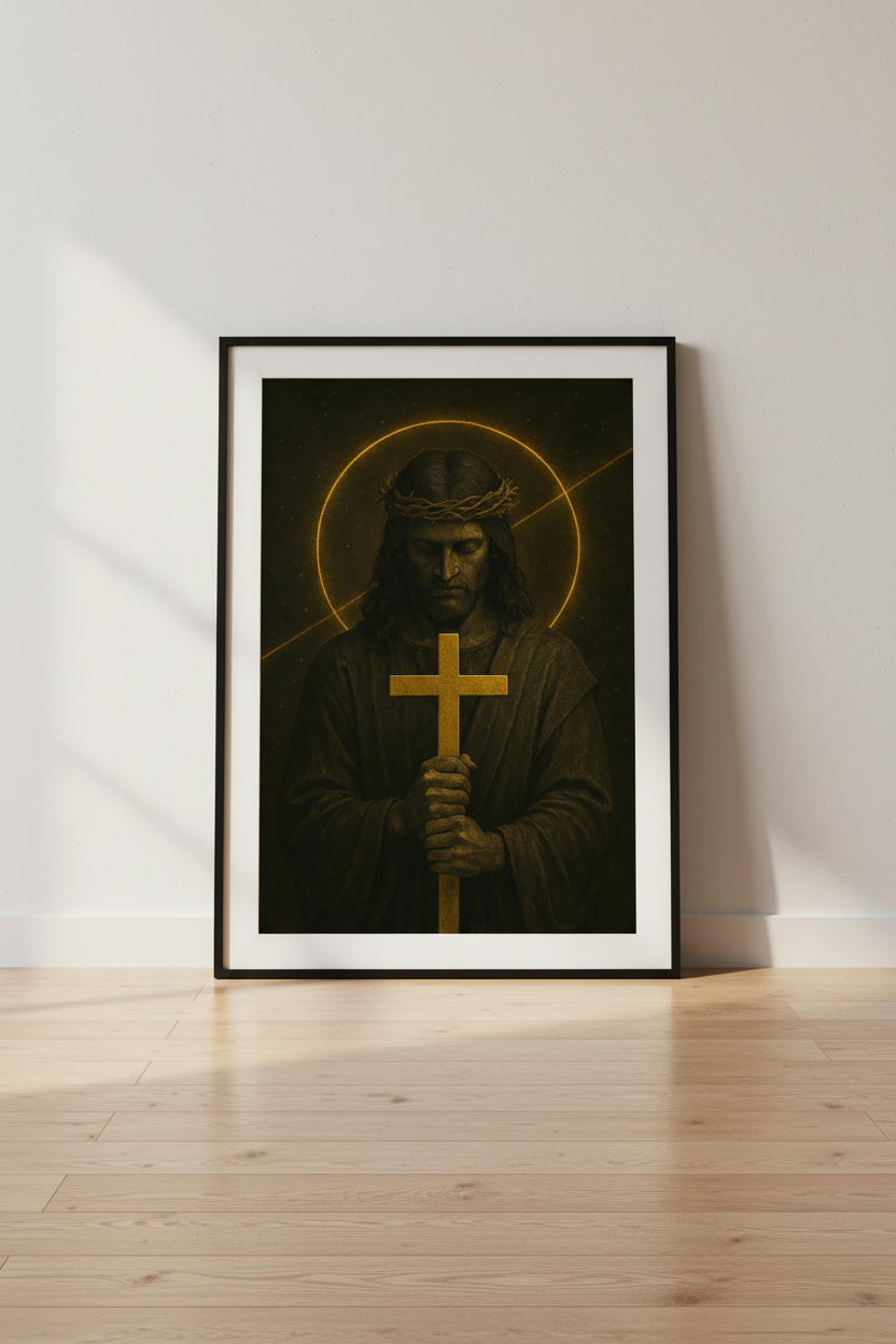 Religious Jesus Wall Art Print | Christian Home Decor | Dark Academia Poster | Spiritual Gift | Faith Artwork | Jesus holding a cross