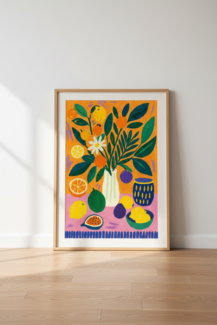 Abstract Impressionist Citrus Fruit Wall Art Print | Kitchen Decor | Boho Maximalist Botanical Poster | Vibrant Orange Pink Green
