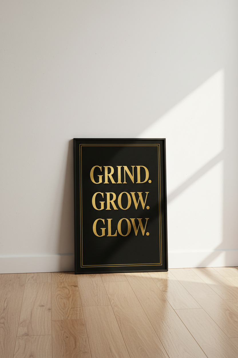 Grind Grow Glow Wall Art Print | Motivational Home Decor | Gold Quote Poster | Inspirational Art Print Success Entrepreneur Gift