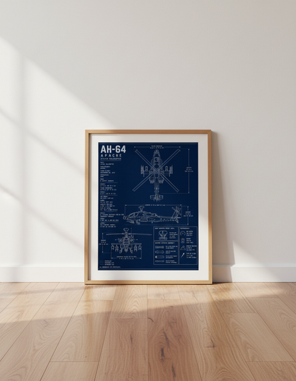 AH-64 Apache Blueprint Wall Art | Aviation Decor, Man Cave Poster, Gift for Him