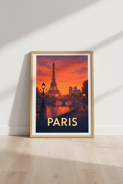 Vibrant Paris Cityscape Framed Wall Art | Eiffel Tower Sunset Decor | Travel Aesthetic Poster | Ready to Hang cityscape