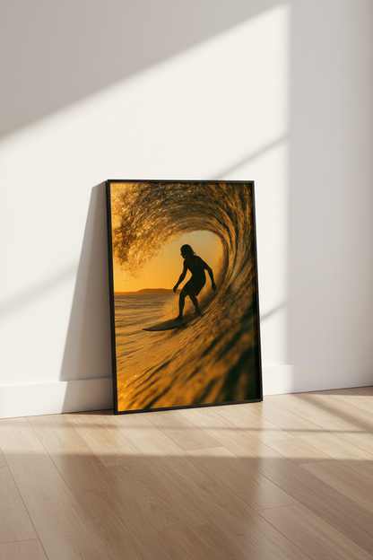 Golden Hour Surfer Wall Art Print | Ocean Wave Beach Decor | Aesthetic Surf Rider Poster | Sunset Coastal Home Art | Adventure Gift